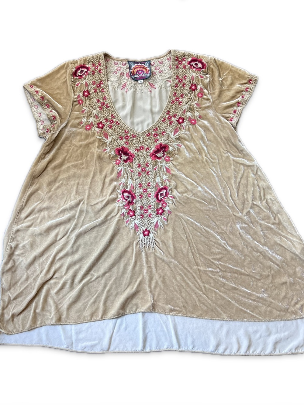 Johnny Was Embroidered Velvet V-Neck Tunic Top -Gold with Pink & Red Floral Sz M